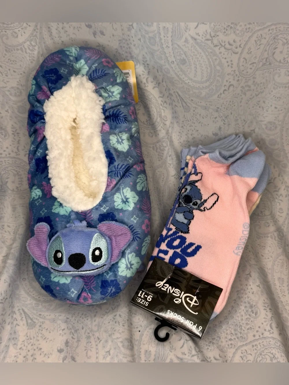 Disney Stitch Women's Floral Blue No Slip Slippers and 6 Pair Stitch Socks Set